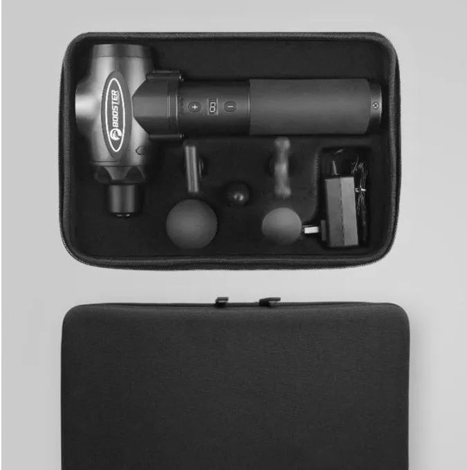 Black and white muscle massage gun with adjustable speed settings for muscle relaxation.