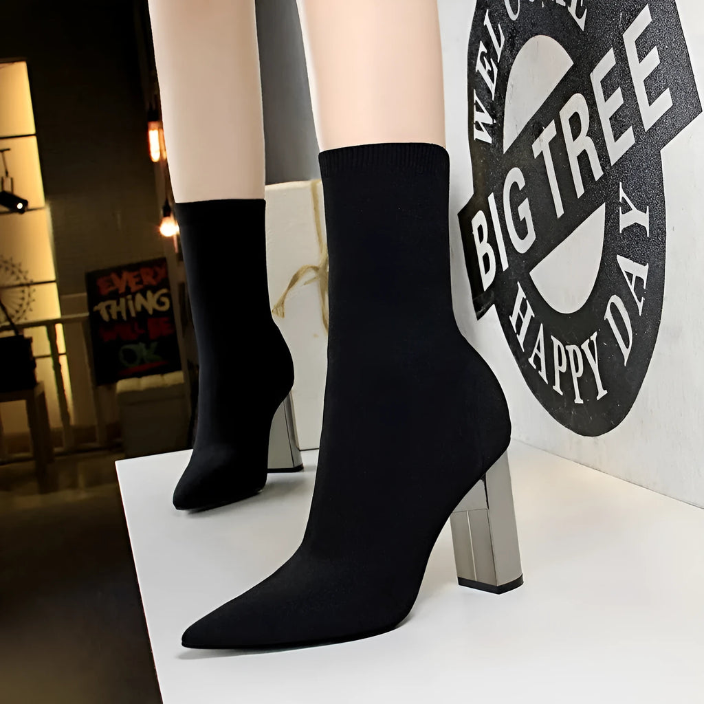 Short tube women's boots with wool upper, metal thick heel, pointed toe in black and silver