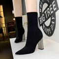 Short tube women's boots with wool upper, metal thick heel, pointed toe in black and silver