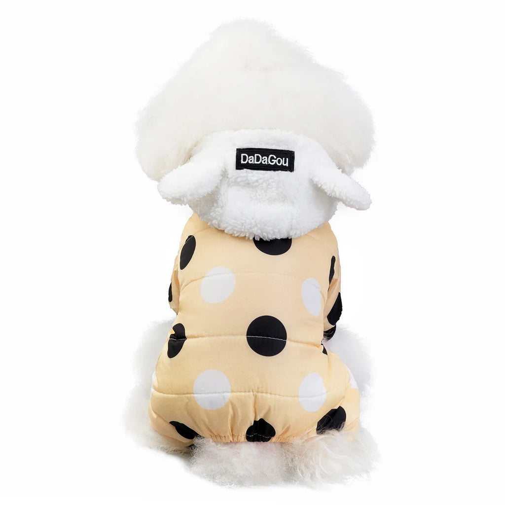 Warm big polka dot four-leg cotton pet coat in black, light yellow, or pink, sizes S to XXL