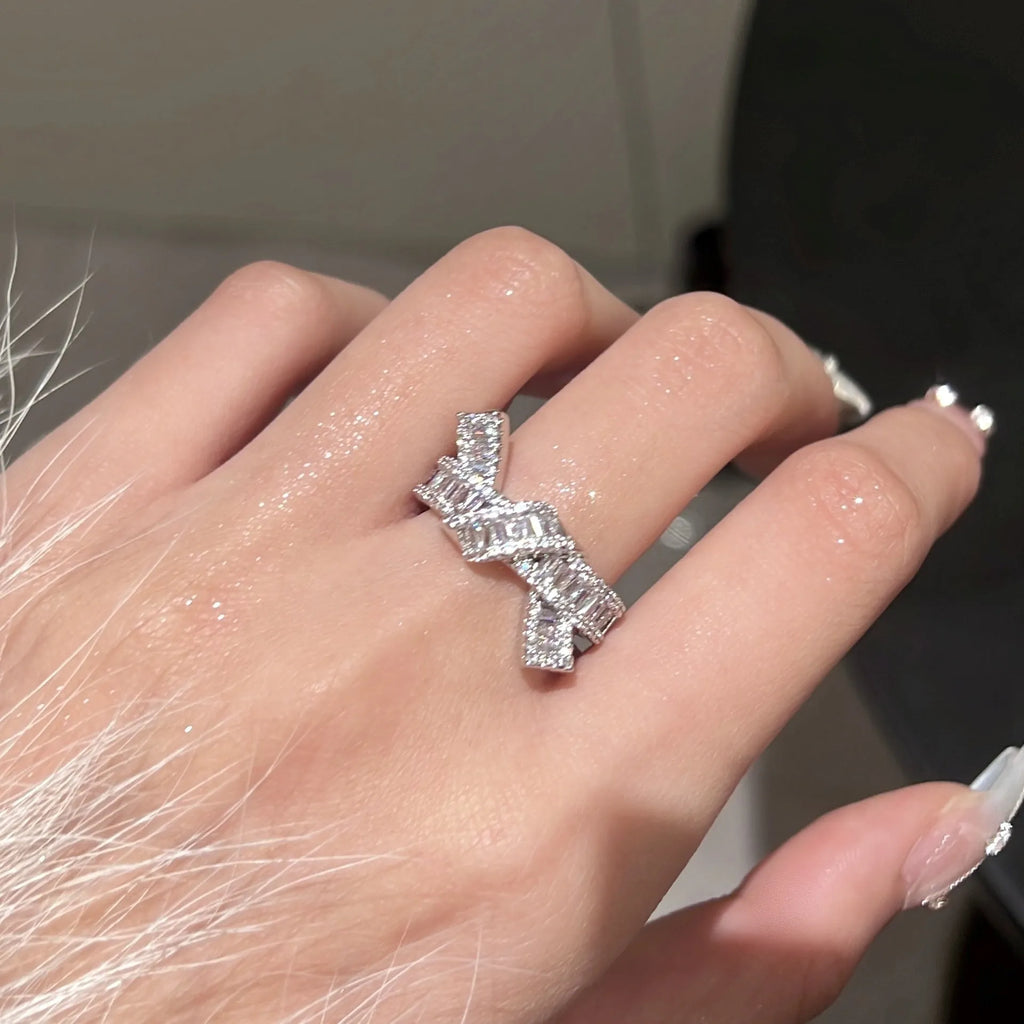 Silver cross open ring with bow shape on copper base, electroplating finish, minimalist style