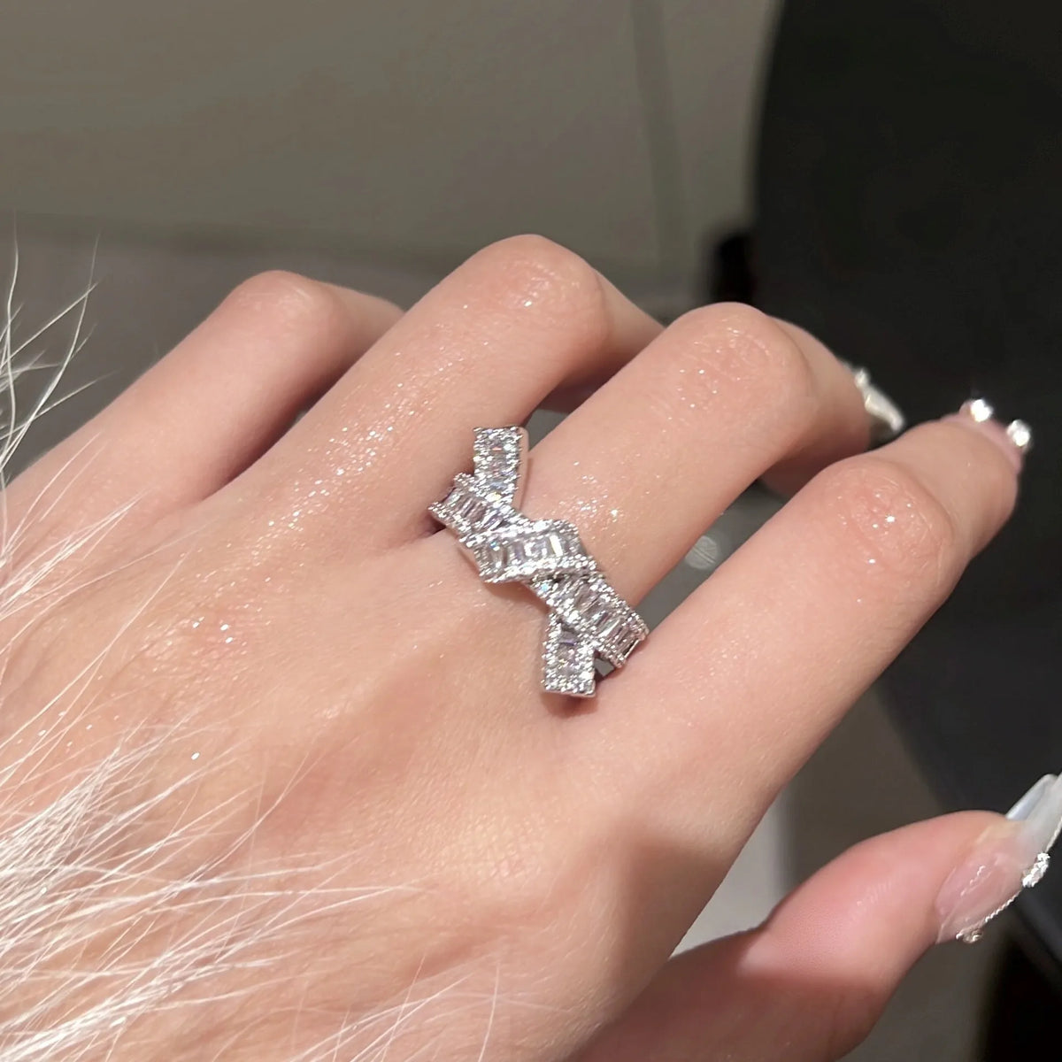 Silver cross open ring with bow shape on copper base, electroplating finish, minimalist style