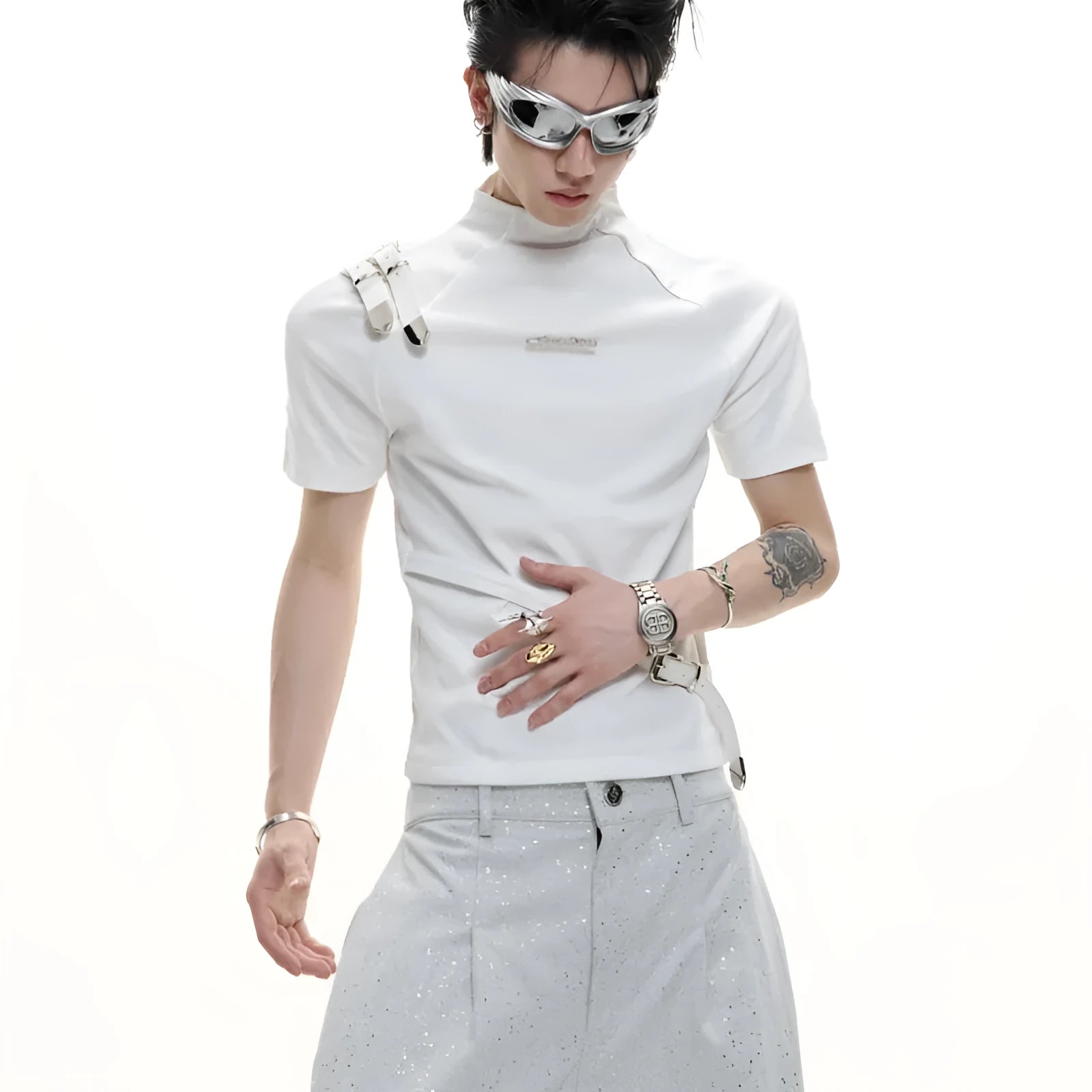 Men's cotton short sleeve t-shirt with metal belt detail in slim fit black or white options