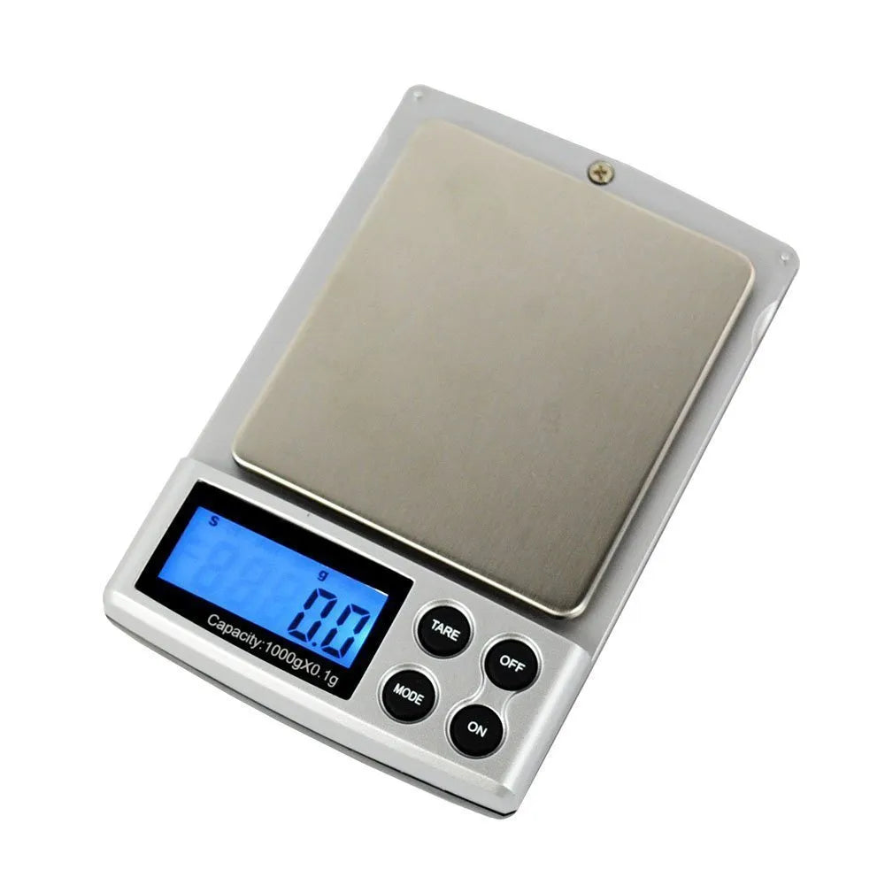 Gold electronic scale with oversized stainless steel tray, 0.1g precision, 10000g capacity, compact 114x76x19.5mm dimensions