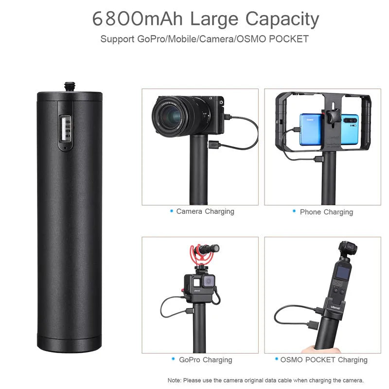 Black aluminium alloy portable power bank with integrated handle showing 12.5cm length
