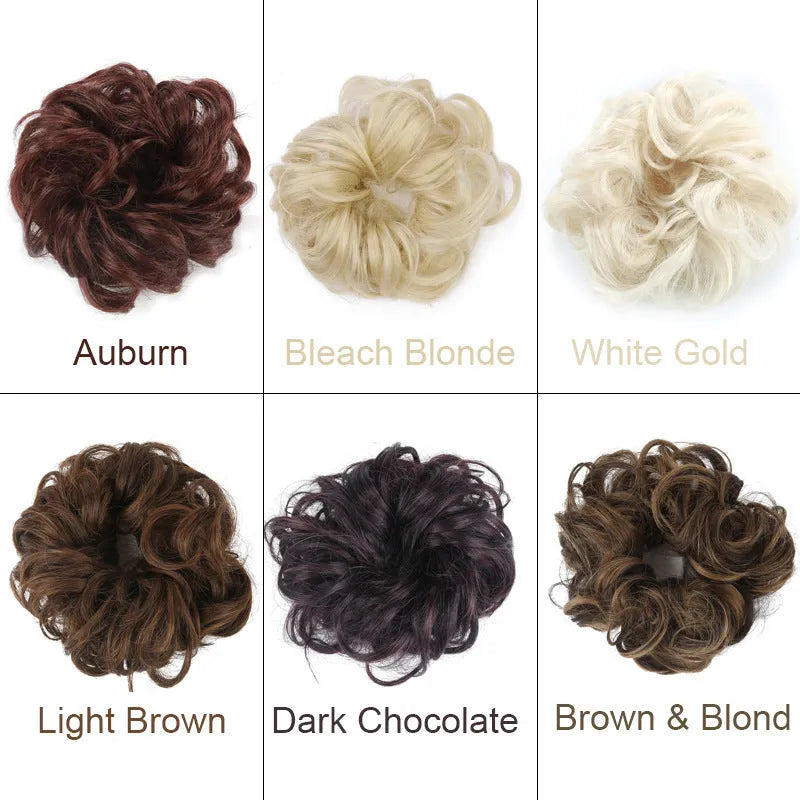 Wig hair circle synthetic hair band with adjustable elastic, heat resistant, in Jet Black or Auburn, for buns and ponytails.