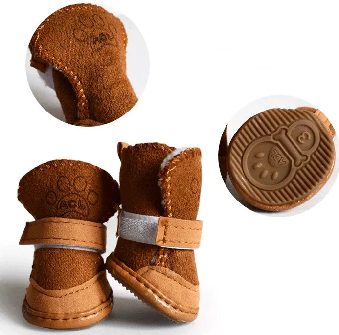 Set of 4 khaki and pink velvet dog boots with lambskin look, sizes 1 to 5 for small dogs