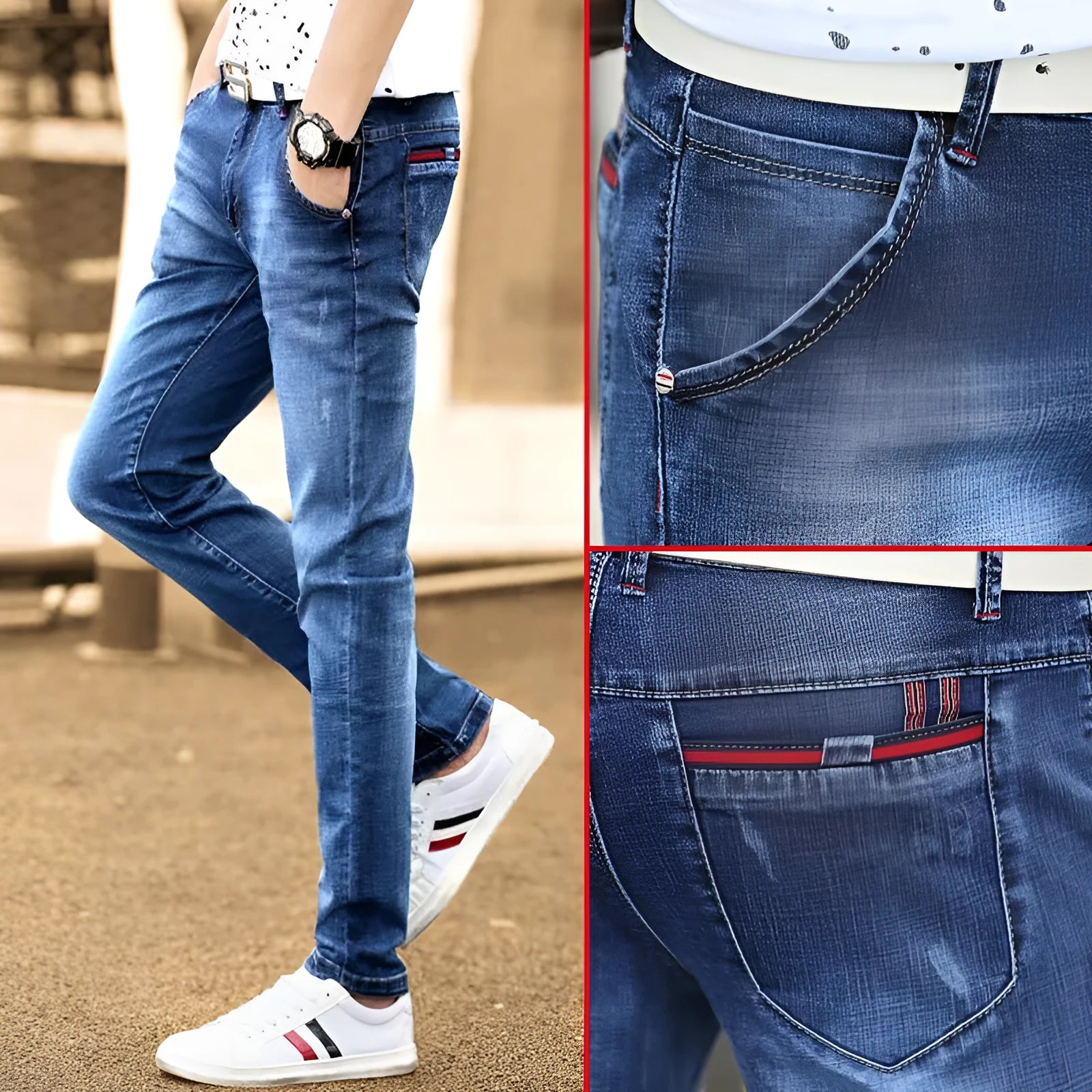 Men's casual jeans in youth pop style, cotton blend with stretch, various colour options