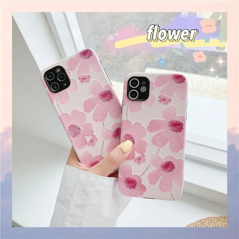 Pink flower pattern soft rubber iPhone case with lanyard hole
