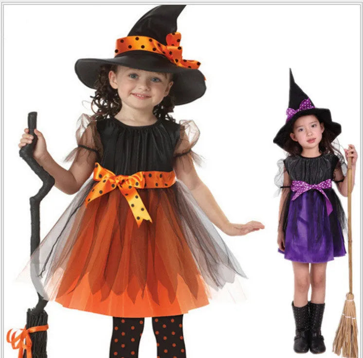 Children's witch costume in linen fabric available in multiple colours and sizes from 90cm to 160cm height