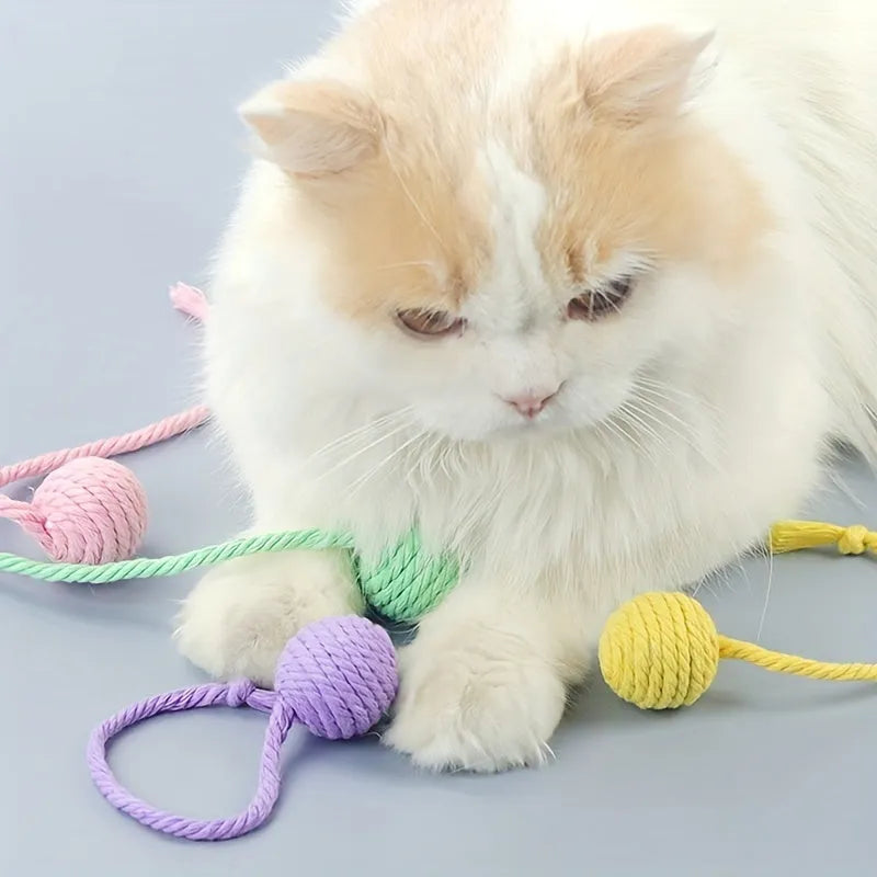 Colourful cat toy ball with attached rope and internal bell, shown in green, pink, purple, and yellow variants.
