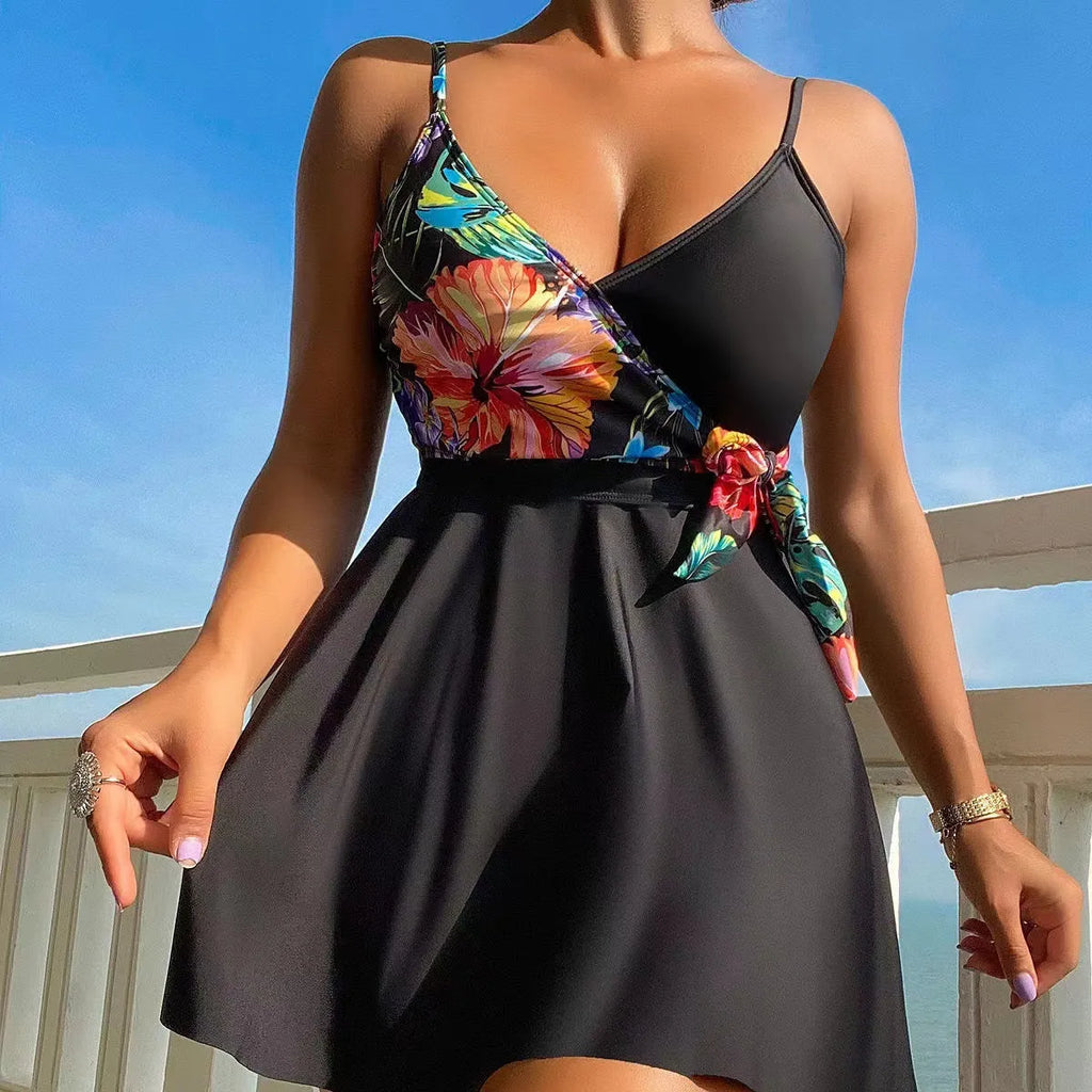 Black women's high waist briefs printed split bikini made from 80% polyester fabric for sports and swimming