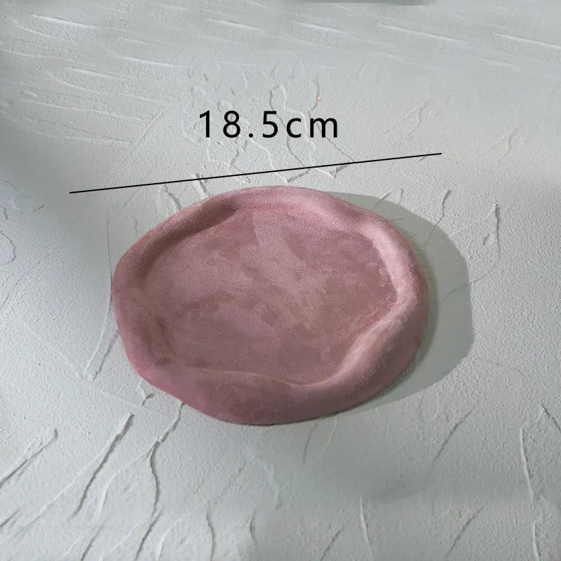 Flannel jewellery display stand in light blue with gypsum base showing 15cm round plate