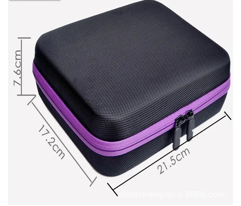 Red EVA cube-shaped essential oil storage bag with 30 compartments and a zipper, shown wall-mounted.