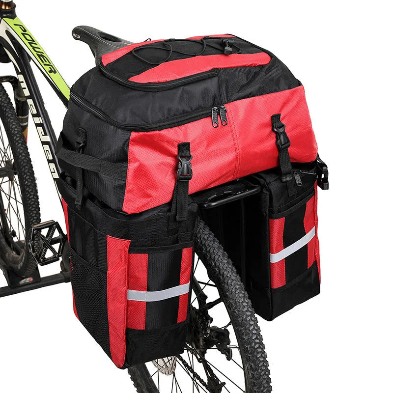 Rhinoceros brand three-in-one design 70L bicycle rear storage bag for touring, shown in available colours.