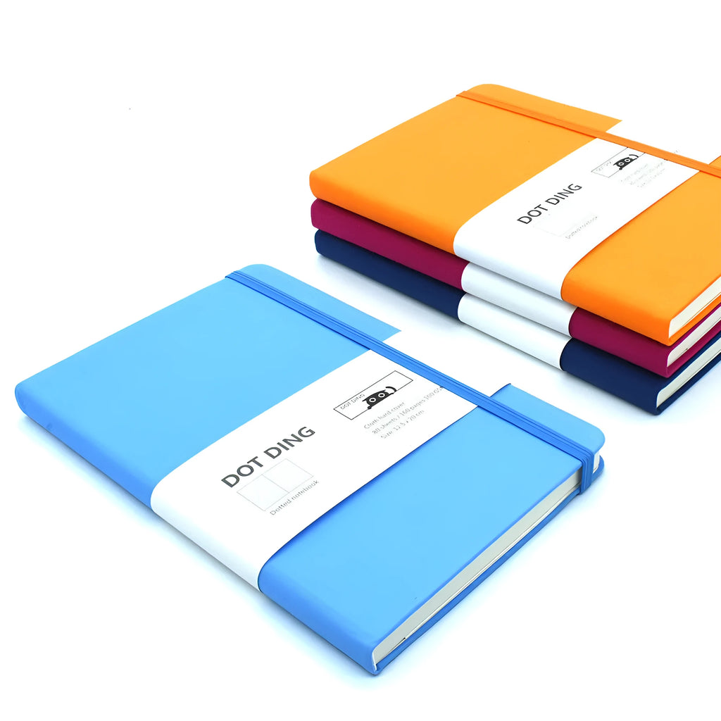 A5 point grid bullet journal with fabric hard cover in five colours including red, blue, orange, denim blue, and gray