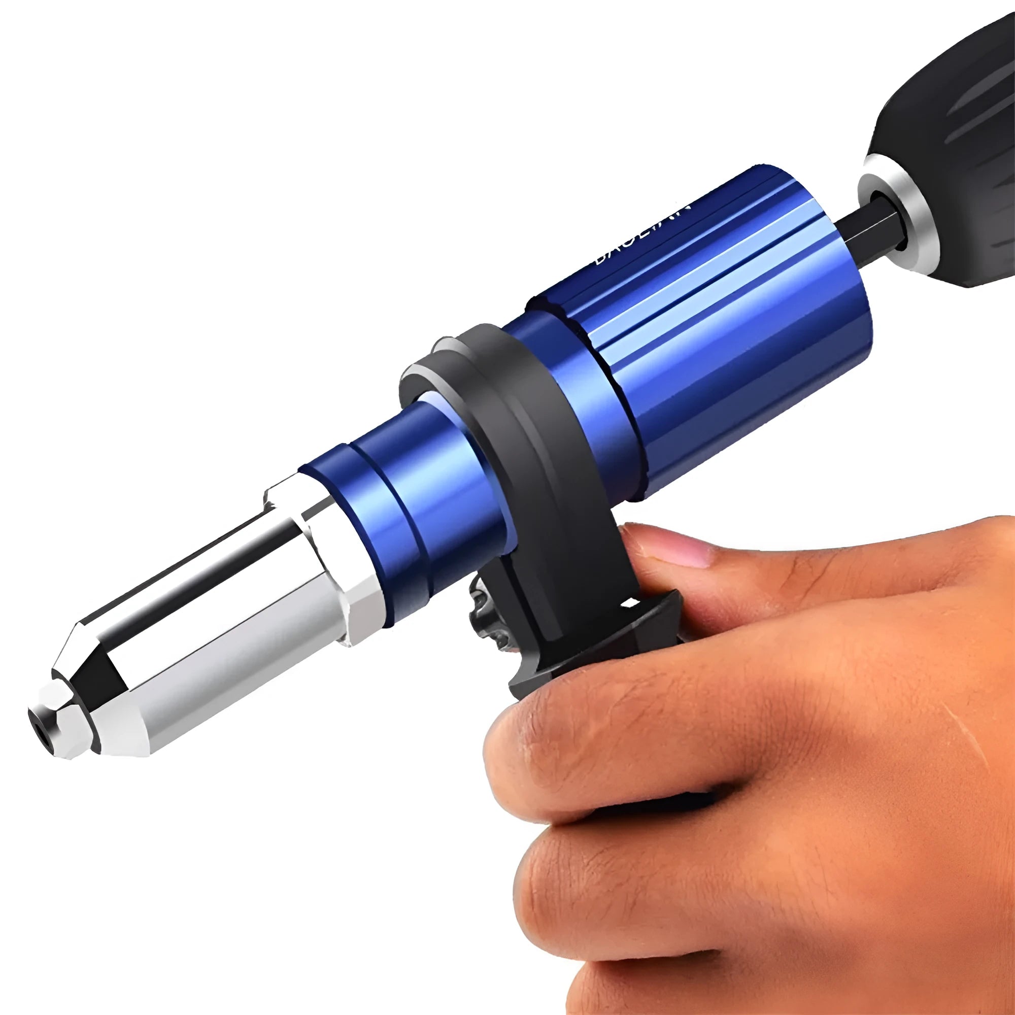 Electric rivet gun set with carbon steel body, blue and black, 160mm length, includes blind rivets and converters