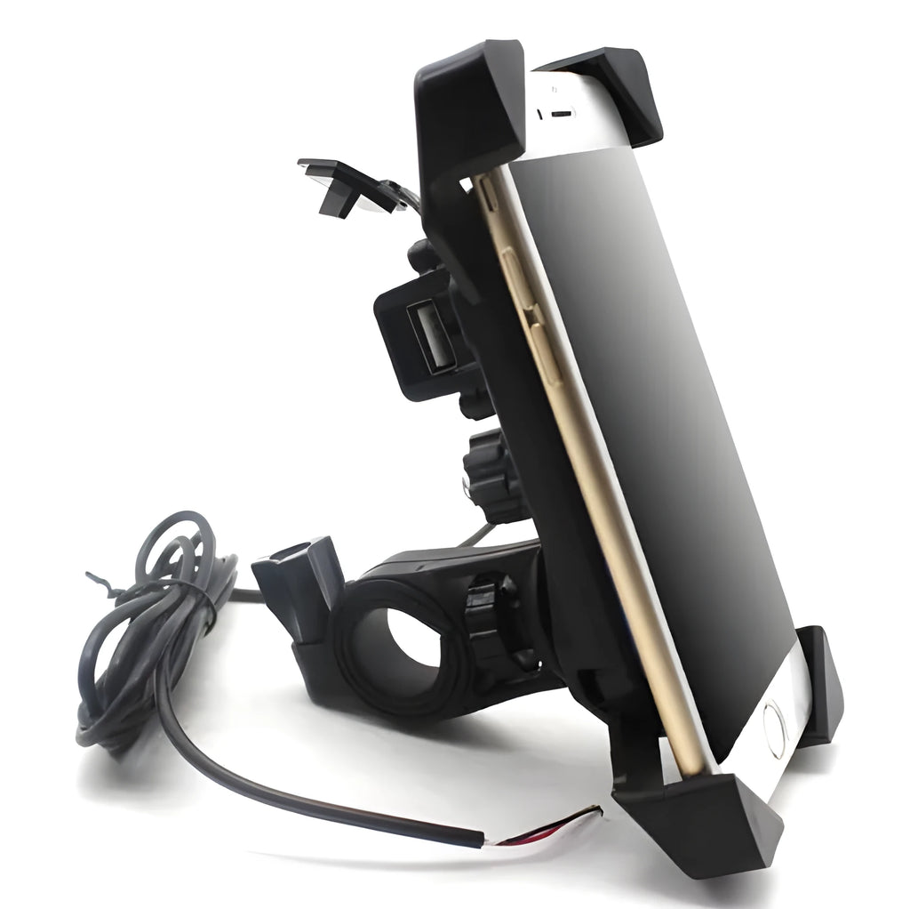 Black motorcycle phone holder mounted on handlebar with USB charging cable connected