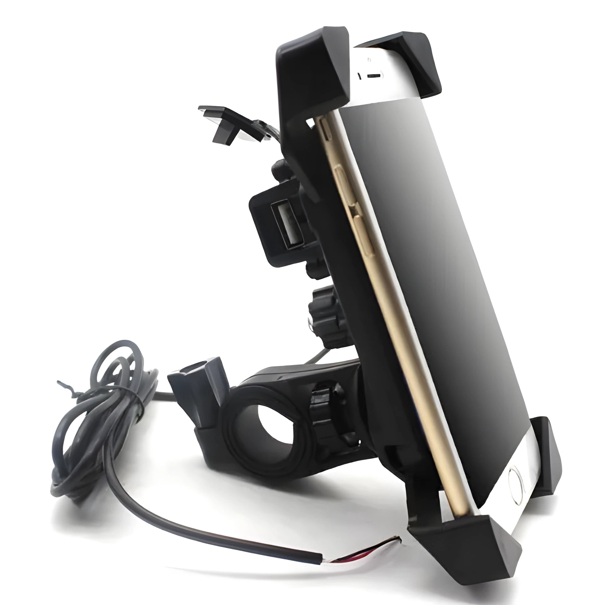 Black motorcycle phone holder mounted on handlebar with USB charging cable connected