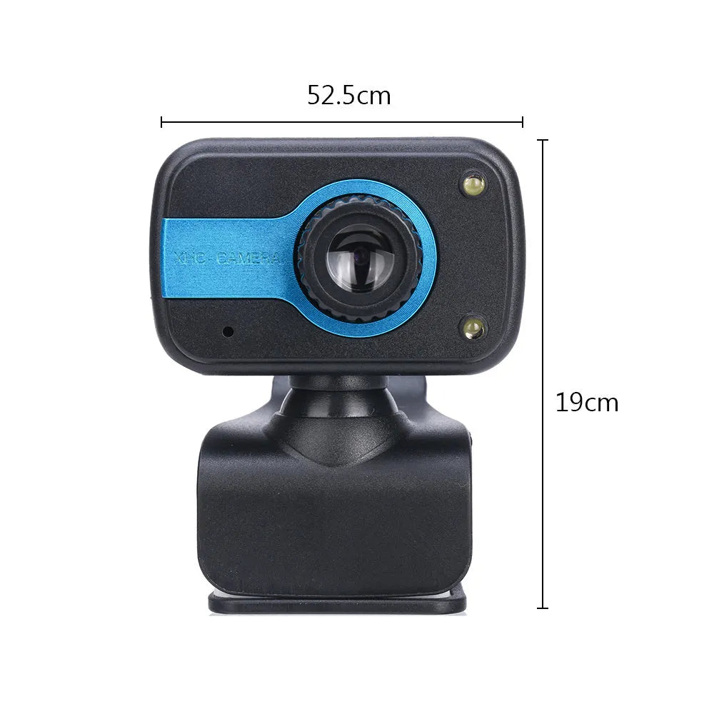 Blue mini USB webcam on a stand showing its 360-degree rotating base and focus ring.