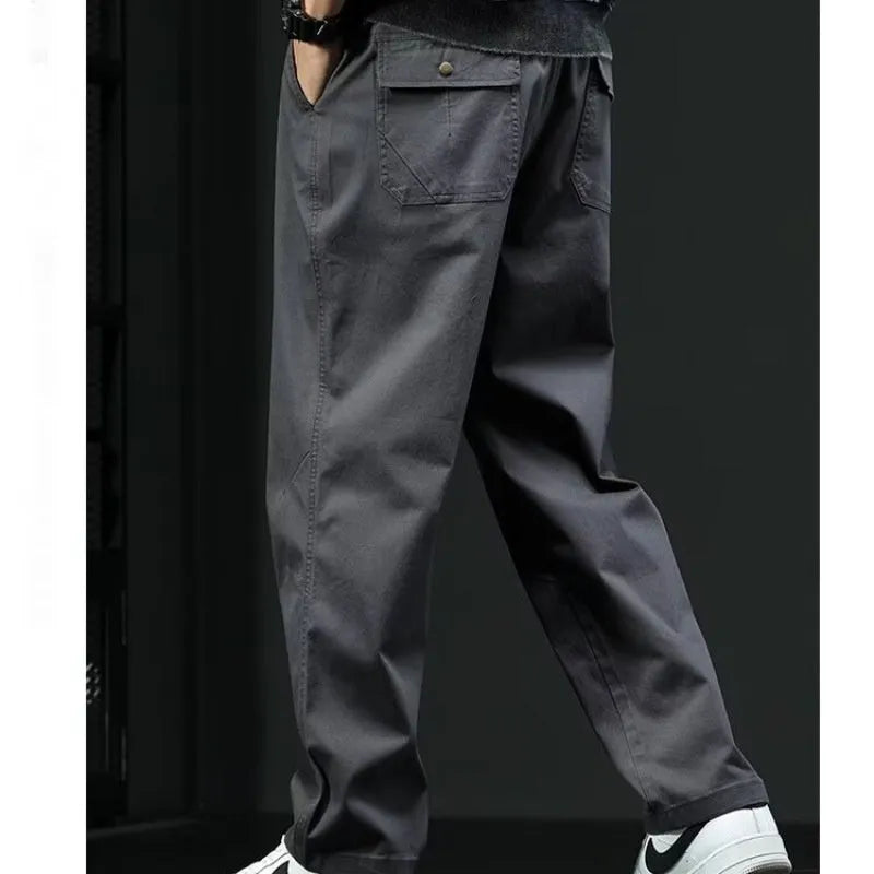 Men's casual straight cotton trousers in black and gray, loose fit, mid waist, available in sizes M to 3XL.