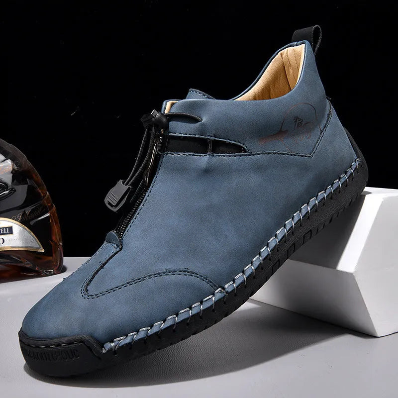 Men's tall crown casual leather shoes in black with a round toe and mid-height rubber sole.