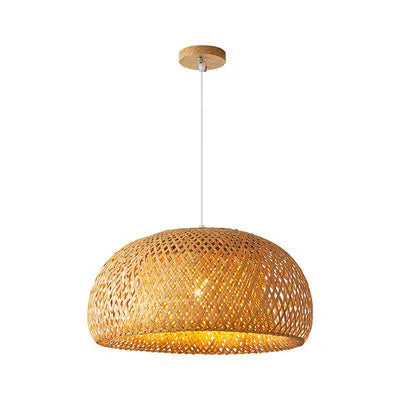 Brown bamboo woven pendant light with E27 base measuring 180x300mm