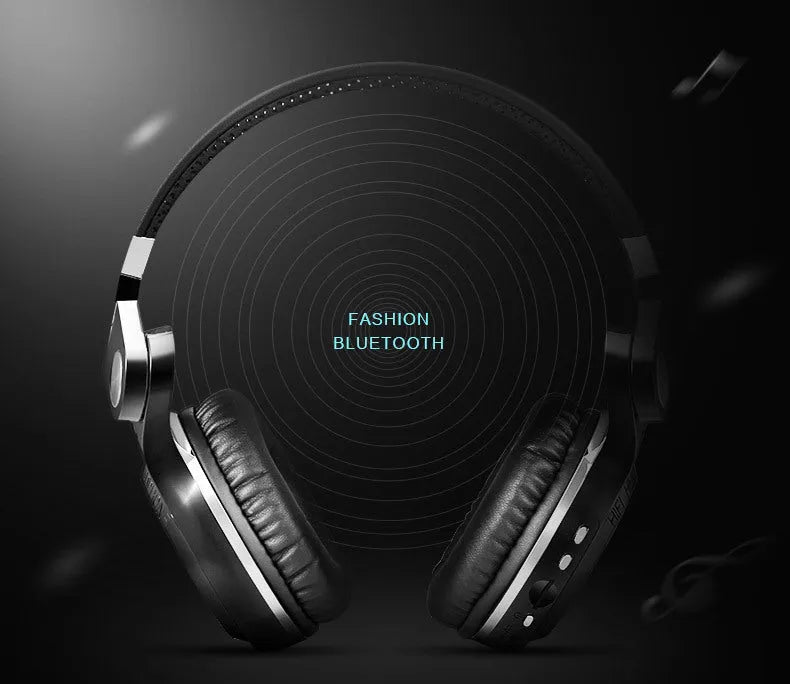 Black Bluetooth stereo headset with over-ear design shown on a white background.