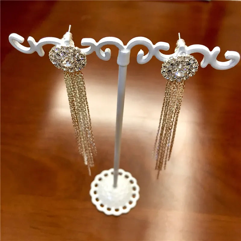 Silver crystal tassel earrings for women with plated metal and Korean-style drop design