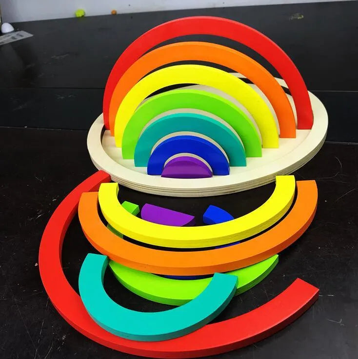 Jigsaw Puzzle Large 12-piece Arch Bridge Rainbow Building Blocks Early Childhood Education Toy New Zealand Pine Wooden Construction Set 84x35.5x18.5cm Flat Size 1.7kg Weight Natural Wood Texture Light Lacquer Hand-Dyed Colours for Creative Play
