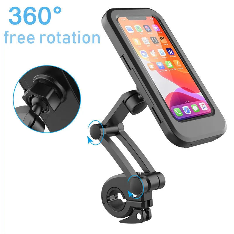 Black waterproof bicycle phone holder mount with magnetic suction on a handlebar, showing adjustable joints.