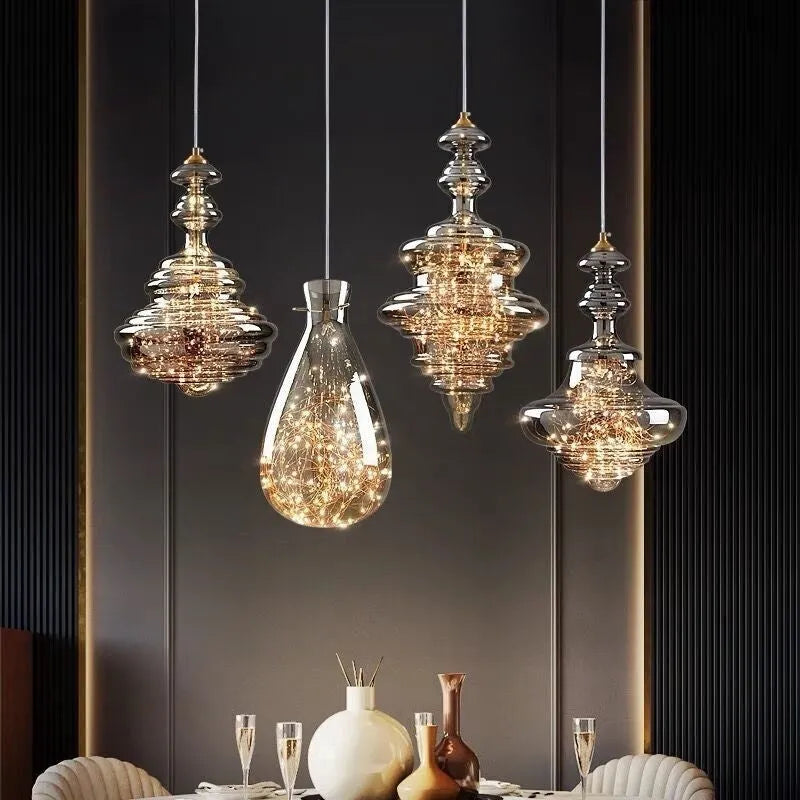 Modern glass chandelier droplight with adjustable height mechanism and LED lighting
