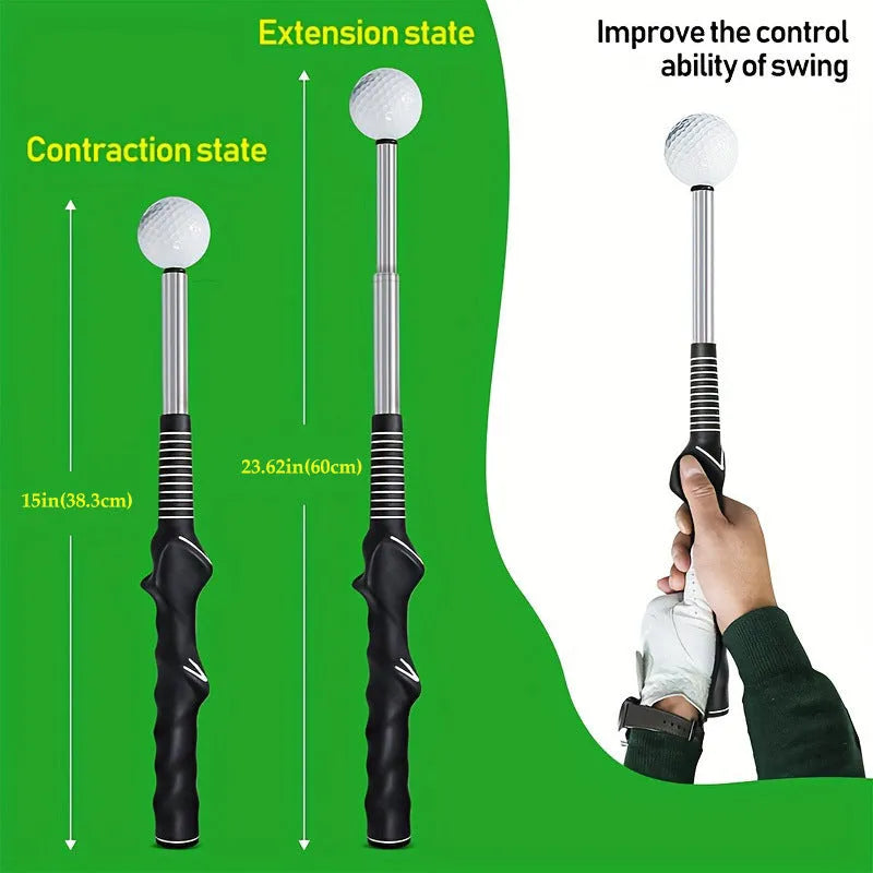 Telescopic golf swing trainer with stainless steel construction in three colour options