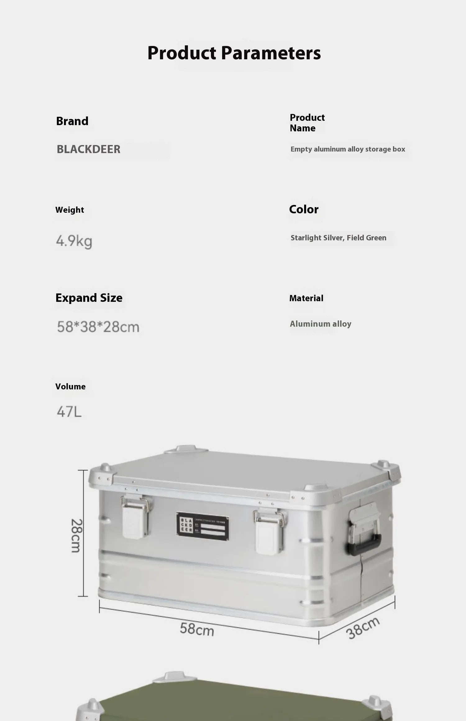 Field Green aluminium alloy outdoor storage box with dimensions 58x38x28cm for camping equipment