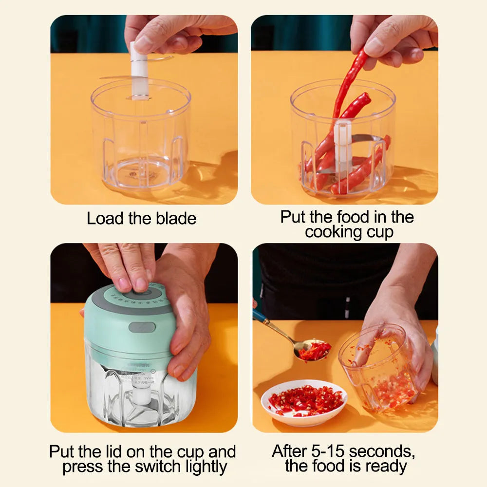 Mini electric garlic chopper with USB charging, stainless steel blade, and plastic cup