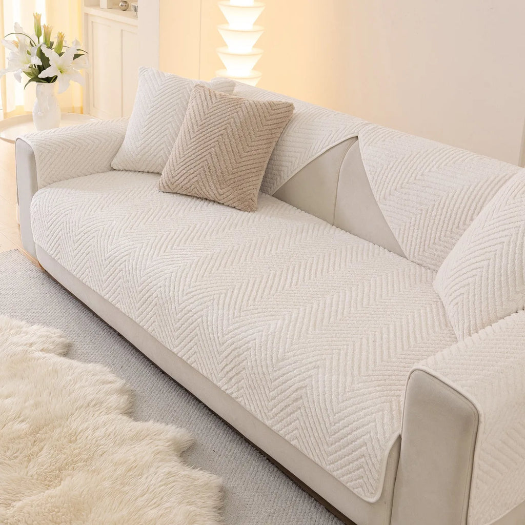 Solid colour plush sofa cover cloth in white, khaki, light grey or dark grey, with multiple sizes from 70x70cm to 110x240cm
