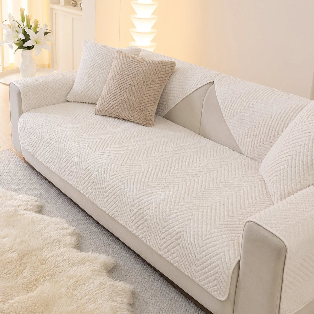 Solid colour plush sofa cover cloth in white, khaki, light grey or dark grey, with multiple sizes from 70x70cm to 110x240cm