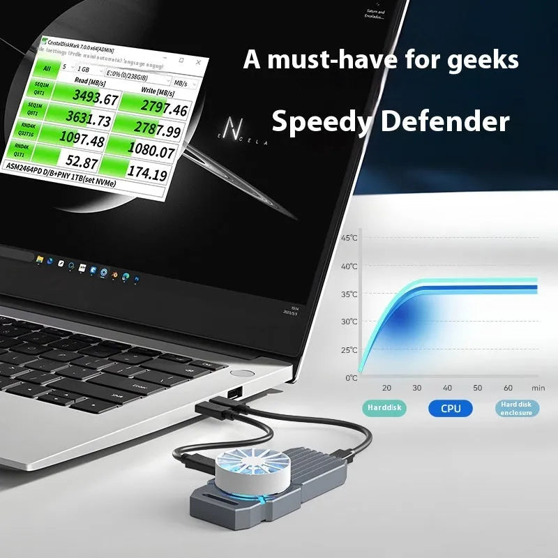 USB4 aluminium external hard drive enclosure for NVMe M.2 SSDs, showing compact silver metal case.
