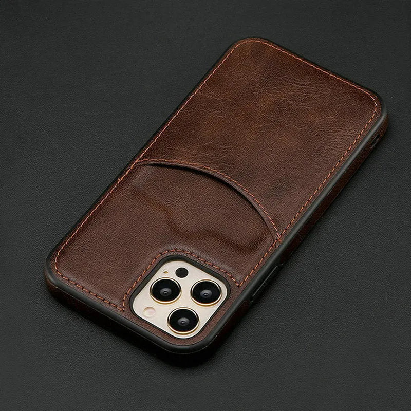 Dark blue PU leather protective case for iPhone, shown fitting multiple models.