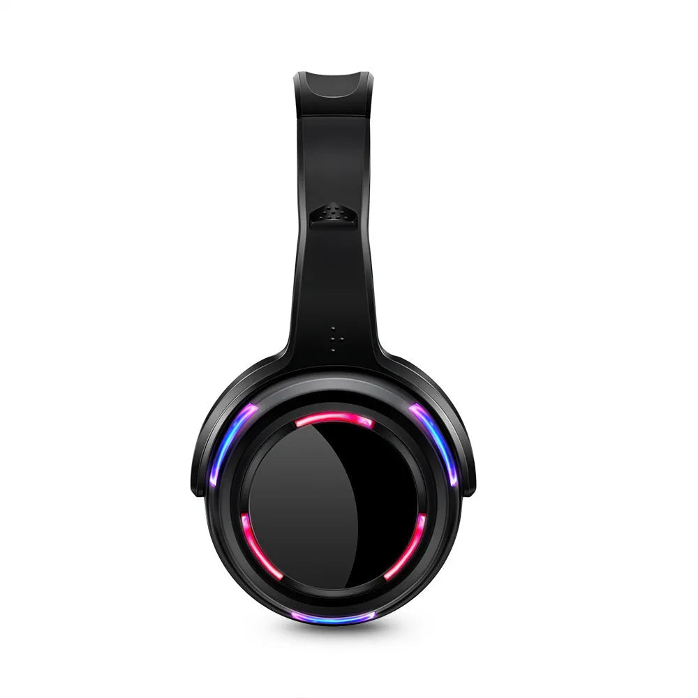 Black silent disco wireless headphones with head-mounted design and 3.5mm plug for event use