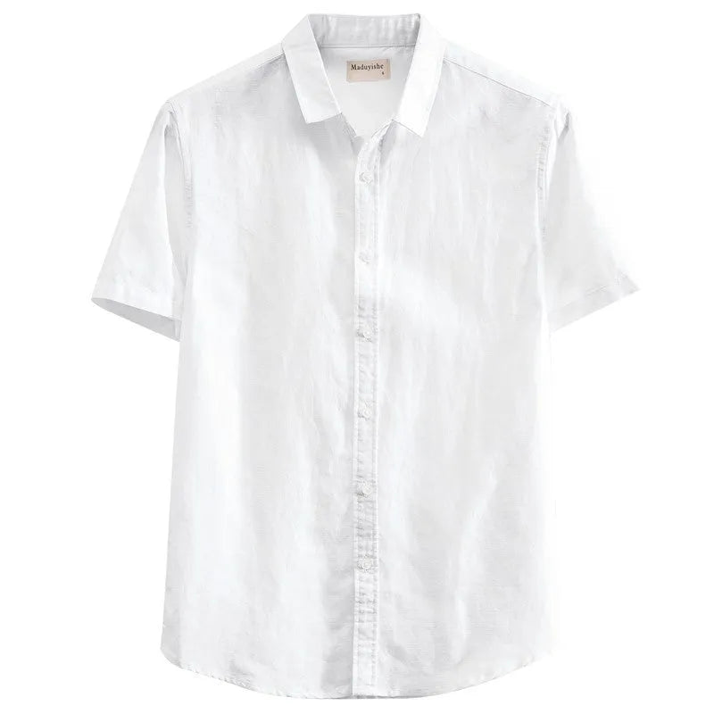 Men's light blue linen short sleeve shirt with a square collar on a hanger.