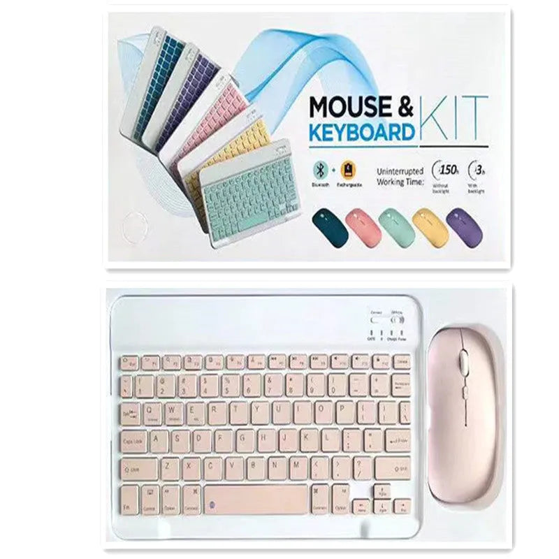 10-inch compact Bluetooth keyboard and wireless mouse in a solid colour on a desk.