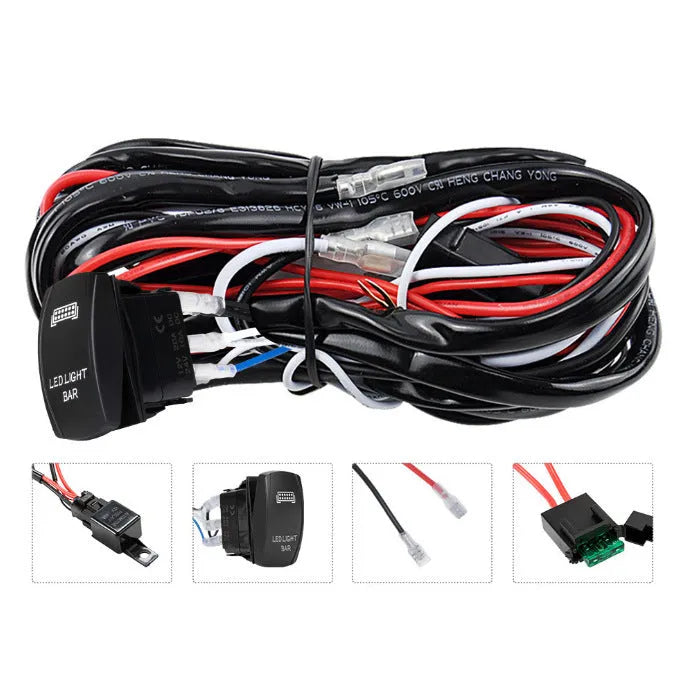 Black off road LED spotlight wiring harness with integrated switch and connectors for vehicle lighting installation