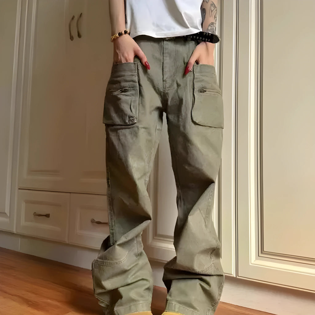 Green and black double zipper cotton casual pants with pockets in mid-waist workwear style