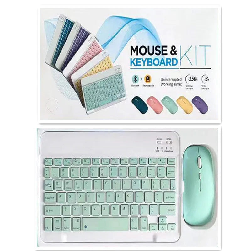 10-inch compact Bluetooth keyboard and wireless mouse in a solid colour on a desk.
