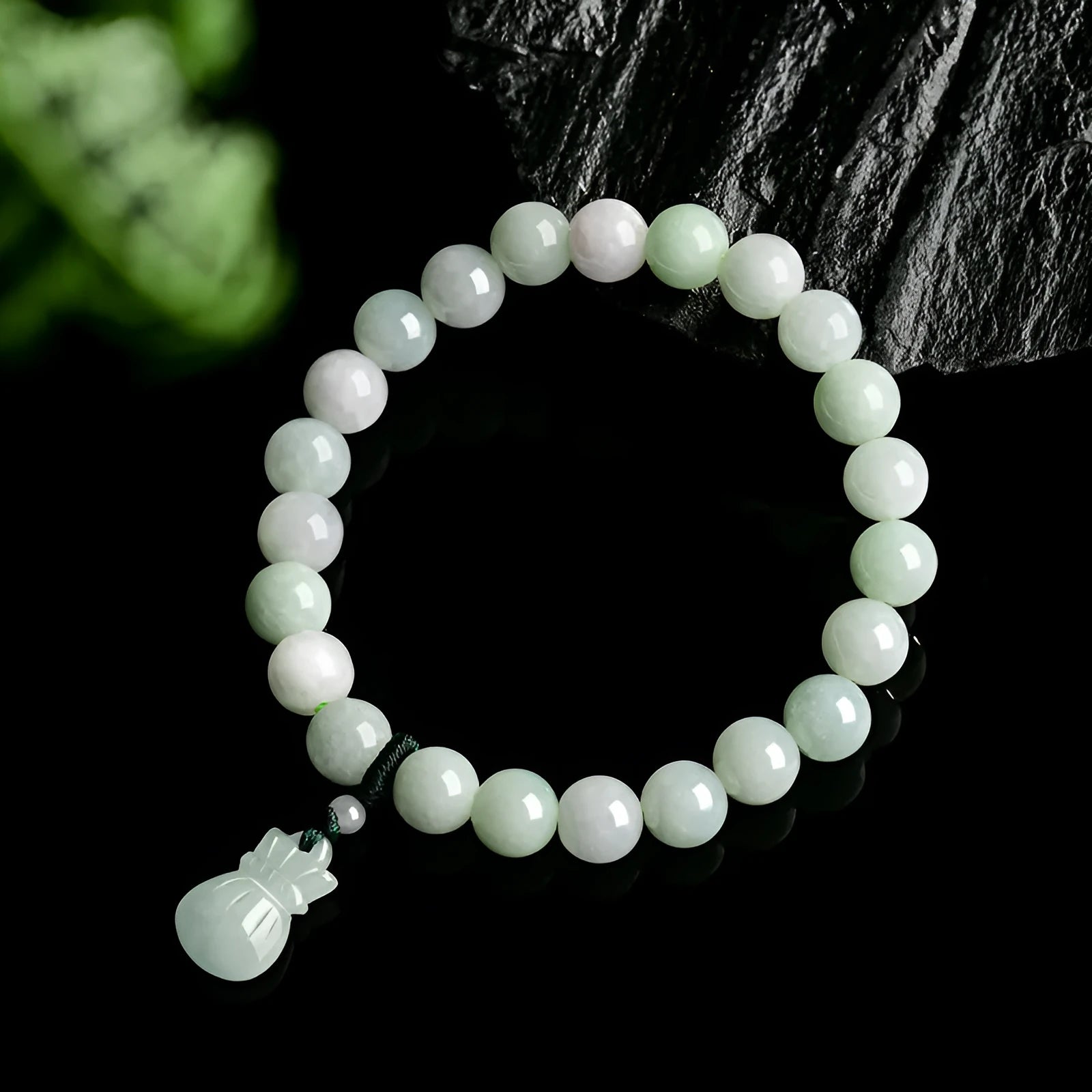 Ice jade unisex bracelet with 8mm flower purse style and Chinese national design