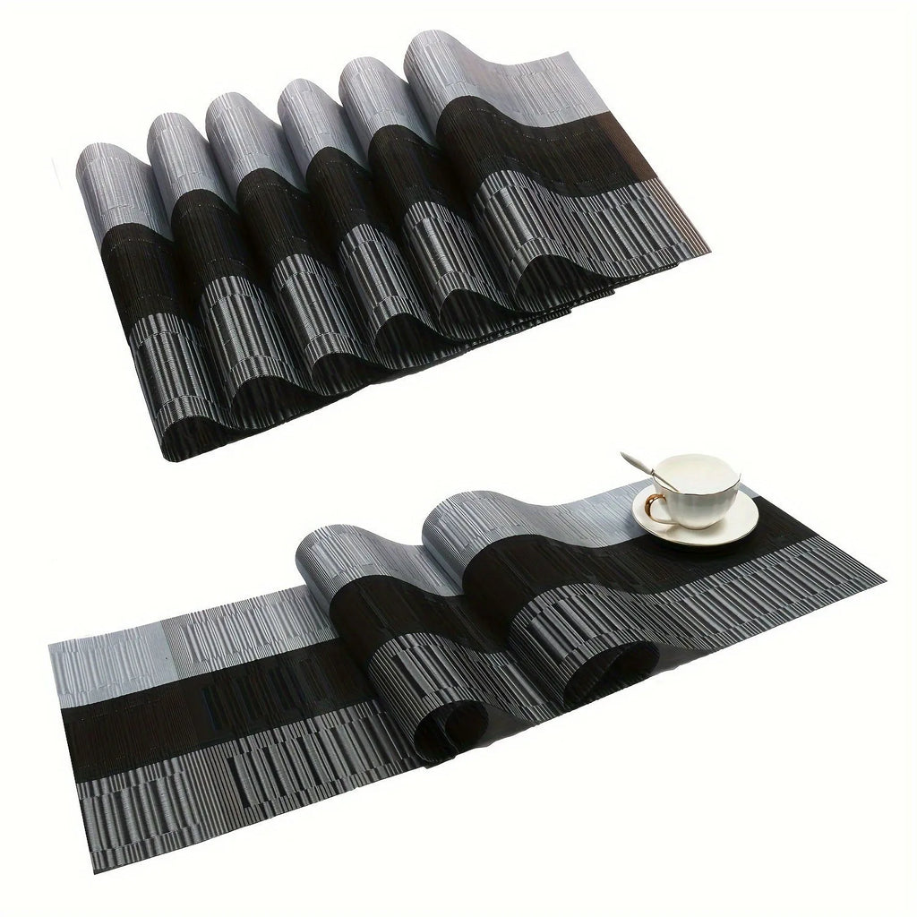 PVC non-slip kitchen sink mat in gradient bamboo black colour, shown in 30x180cm size on a countertop.