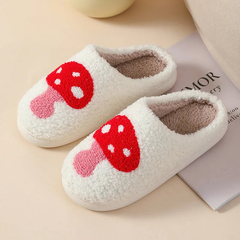 Women's plush cartoon-style home slippers with a round toe and PVC sole.