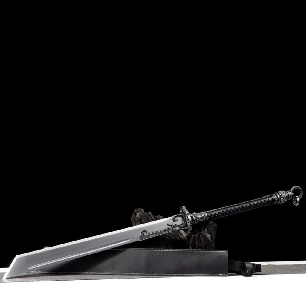 Tang-style high manganese steel two-handed saber with rope-wrapped handle and embroidered spring detail