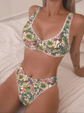 Women's floral print bikini with steel bracket push-up and tied sides, shown in high-waist briefs style.